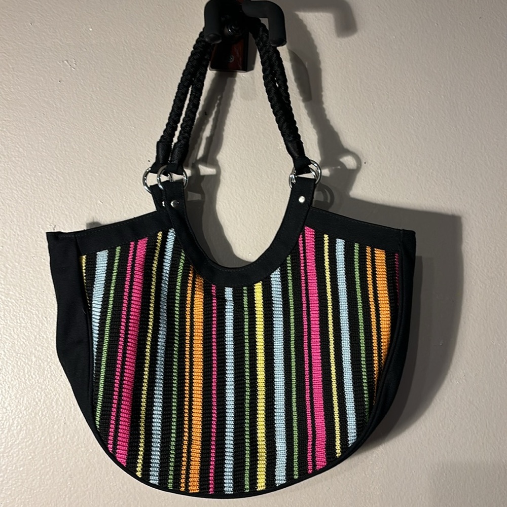 The sak  EUC. Crochet bag . Prettyin black and multicolored vertical stripes